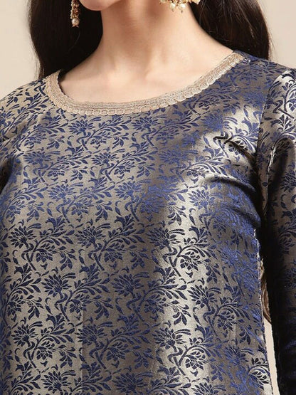 Dhiyona VA Women's Blue & Gold Floral Brocade Gotta Patti Straight Winter Kurta with Trousers