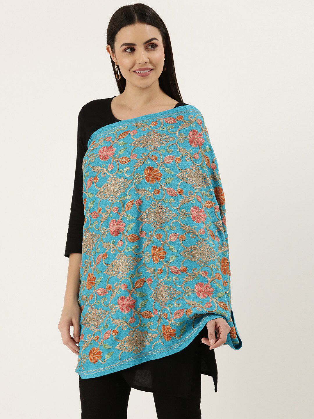 Dhiyona PA Women Blue Embroidered Aari Work Shawl