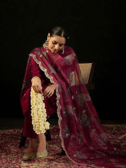 Dhiyona IE Floral Embroidered Straight Kurta with Trousers & Dupatta