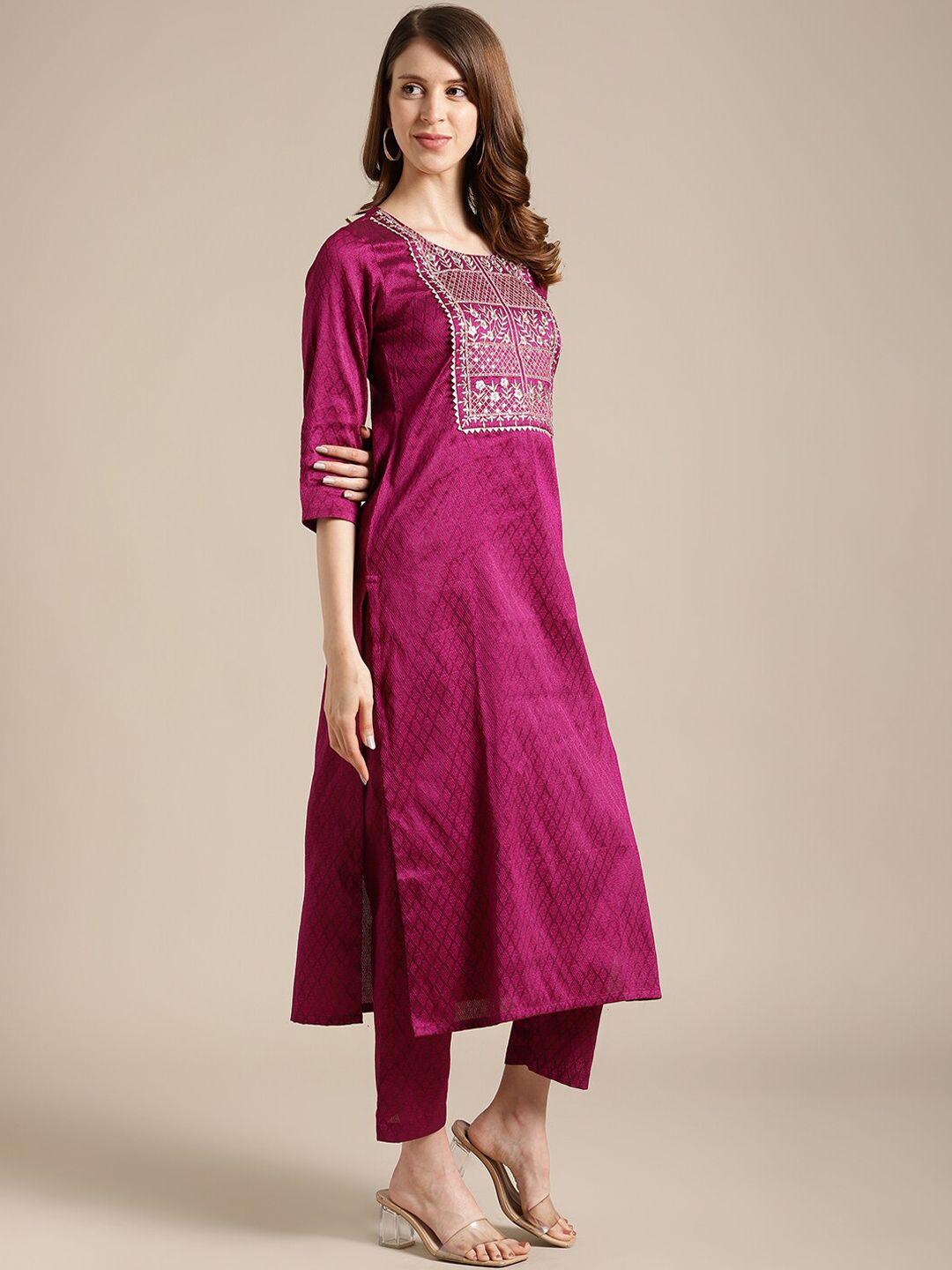 Dhiyona VA Women's Magenta Ethnic Motifs Kurta with Trousers & With Dupatta