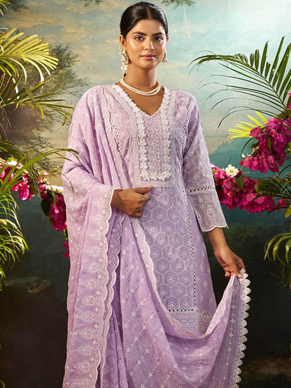 Women Ethnic Motifs Embroidered Cotton Kurta with Trousers & Dupatta