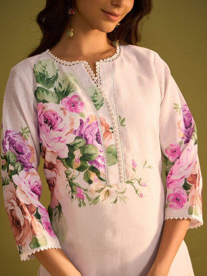 Dhiyona IE Floral Printed V-Neck Linen Straight Kurta With Trousers & Dupatta