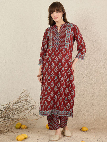 Dhiyona IE Women Floral Printed Cotton Kurta with Trousers