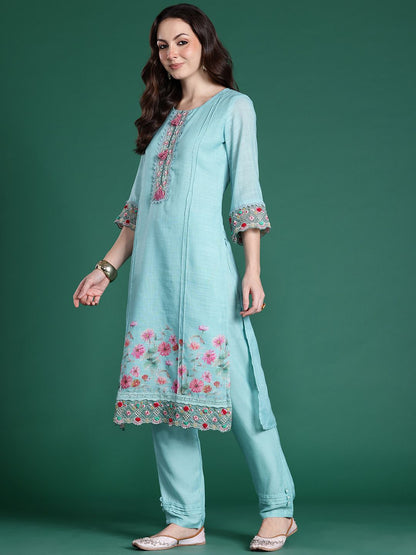 Dhiyona IE Floral Embroidered Linen Kurta with Trousers & Dupatta