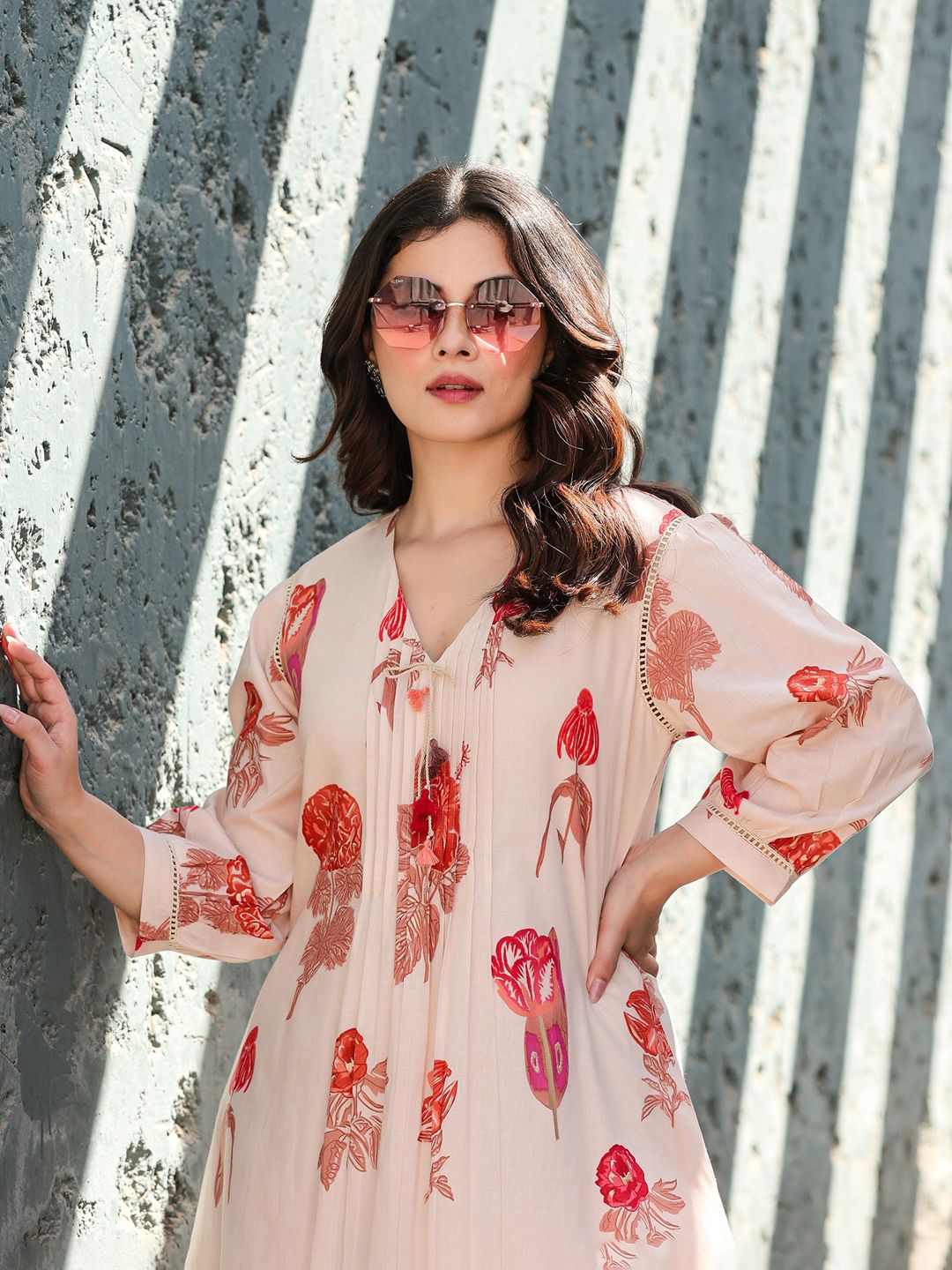 Floral Printed V-Neck Pure Cotton Kurta With Trousers