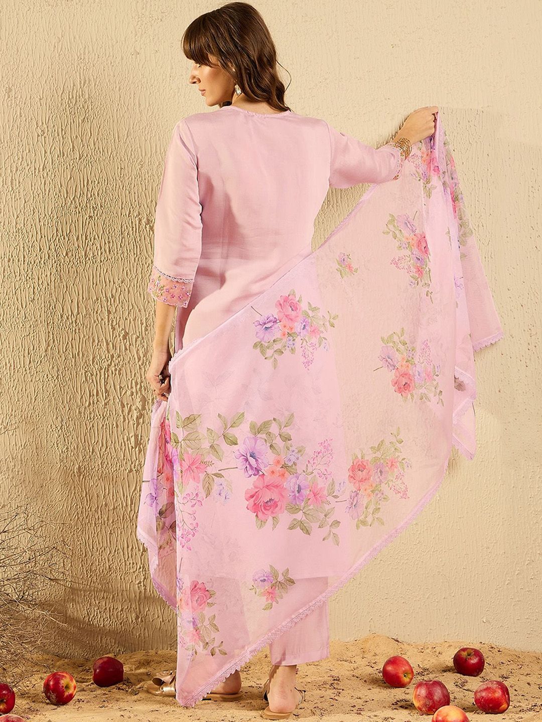 Lavender Floral Embroidered V-Neck Straight Kurta with Trousers & Dupatta