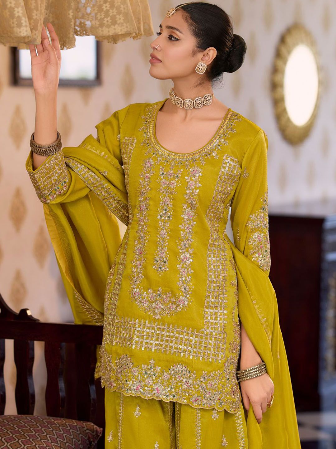 Dhiyona IE Women Ethnic Motifs Embroidered Regular Sequinned Kurta with Palazzos & With Dupatta