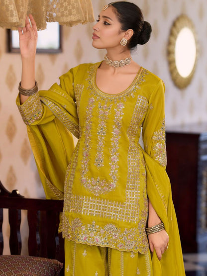 Women Ethnic Motifs Embroidered Regular Sequinned Kurta with Palazzos & With Dupatta