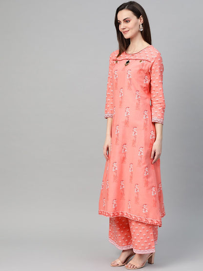 Dhiyona IS Women's Women Pink & Off-White Block Print Kurta with Palazzos