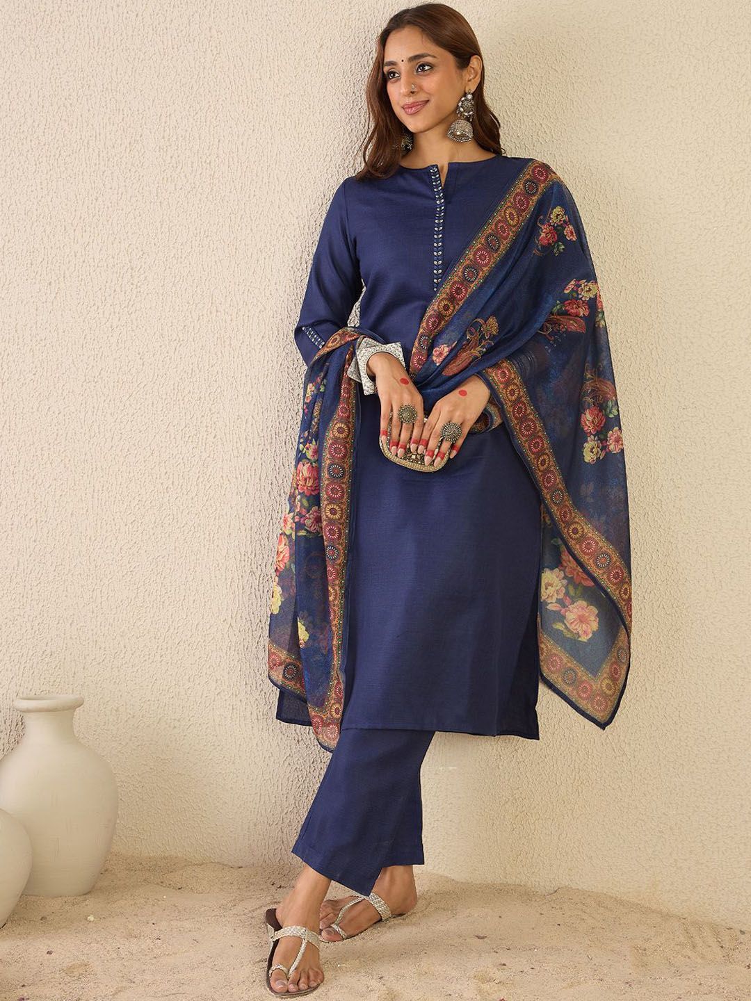 Notch Neck Straight Kurta With Trousers & Dupatta