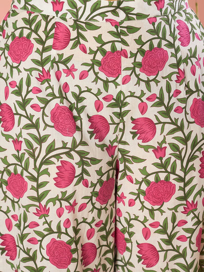 Floral Printed Anarkali Pure Cotton Kurta With Palazzos & Dupatta