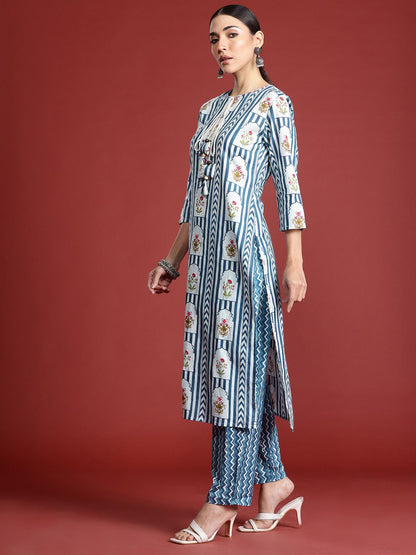 Dhiyona IE Ethnic Motifs Printed Sequinned Pure Cotton Kurta with Trousers & With Dupatta