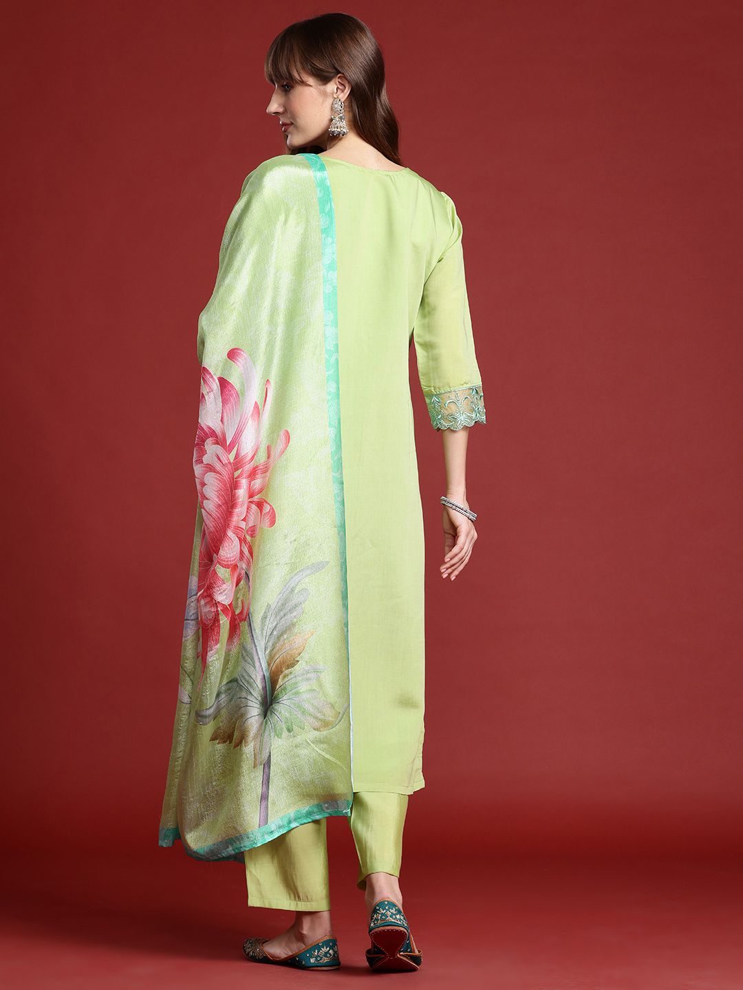 Floral Embroidered Thread Work Kurta With Trousers & Dupatta