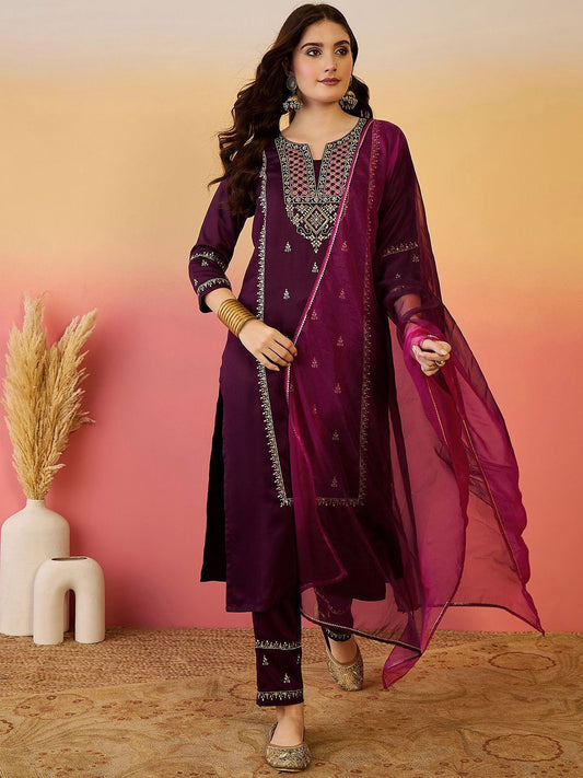 Dhiyona SN Women's Floral Zari Embroidered Notch Neck Straight Kurta With Trousers & Dupatta