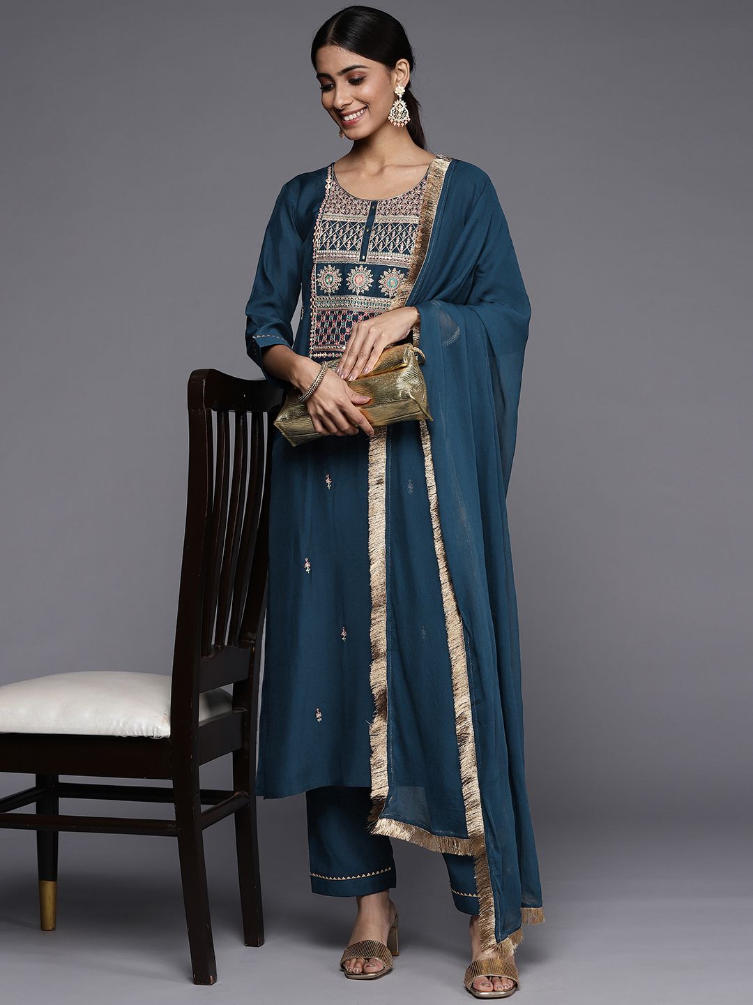 Dhiyona VA Women's Teal Ethnic Motifs Embroidered Kurta with Trousers & With Dupatta
