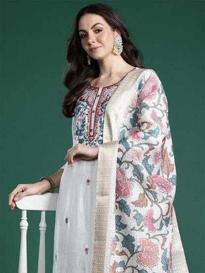 Women Floral Embroidered Thread Work Kurta With Trousers & Dupatta