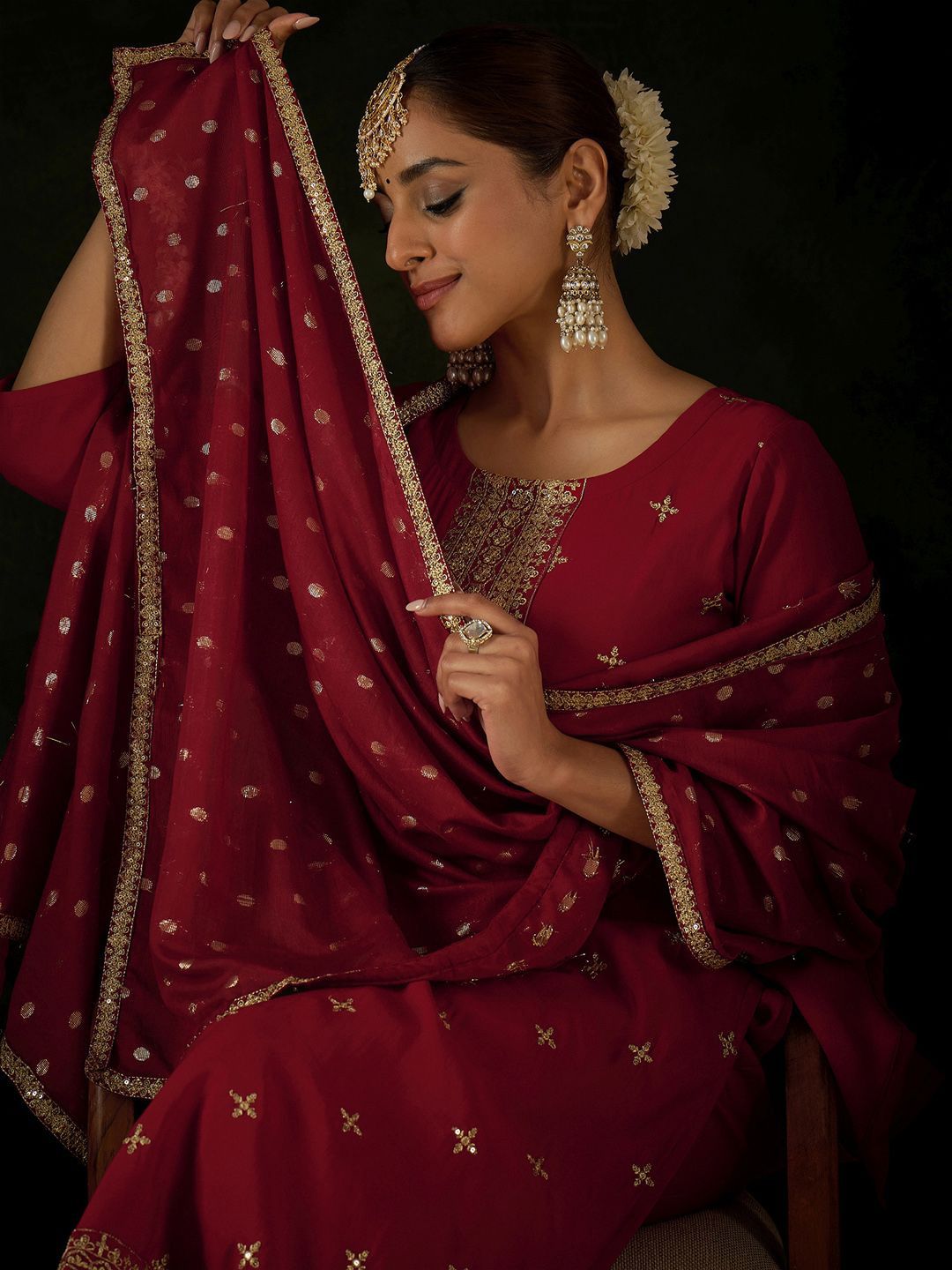 Dhiyona IE Women Ethnic Motifs Embroidered Regular Sequinned Kurta with Trousers & With Dupatta