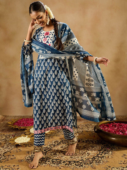 Dhiyona IE Ethnic Motifs Printed Thread Work Pure Cotton Straight Kurta & Trousers & Dupatta