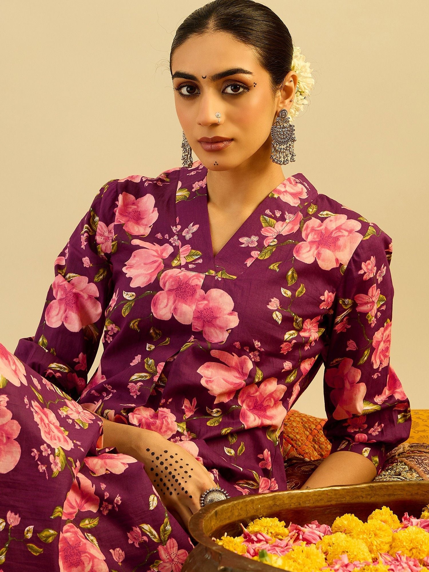 Dhiyona IE Floral Printed V-Neck Pure Cotton A-Line Kurta with Trouser