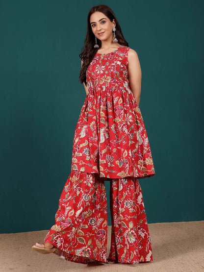 Dhiyona VA Women's Floral Embroidered Regular Thread Work Pure Cotton Kurti with Sharara