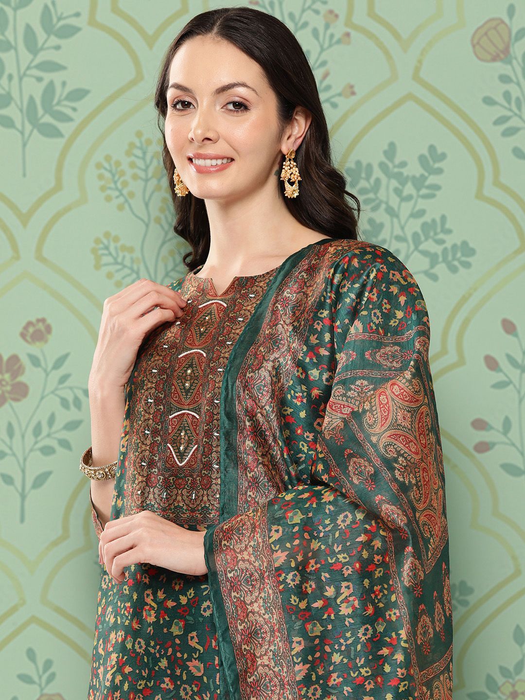 Dhiyona VA Women's Ethnic Motifs Printed Regular Chanderi Cotton Kurta with Trousers & Dupatta