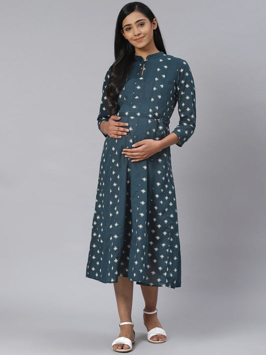 Dhiyona AY Women's Navy Blue & White Printed Pure Cotton Maternity A-Line Dress