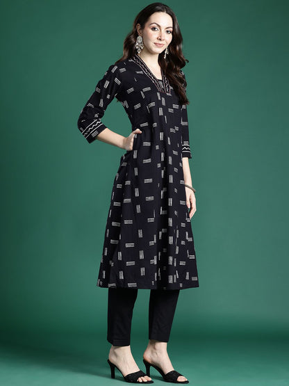 Dhiyona IE Geometric Printed Panelled Pure Cotton Kurta with Trousers & Dupatta