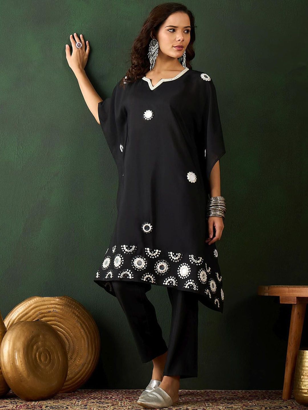 Dhiyona IS Women's Women Ethnic Motifs Embroidered Kaftan Kurta with Trouser