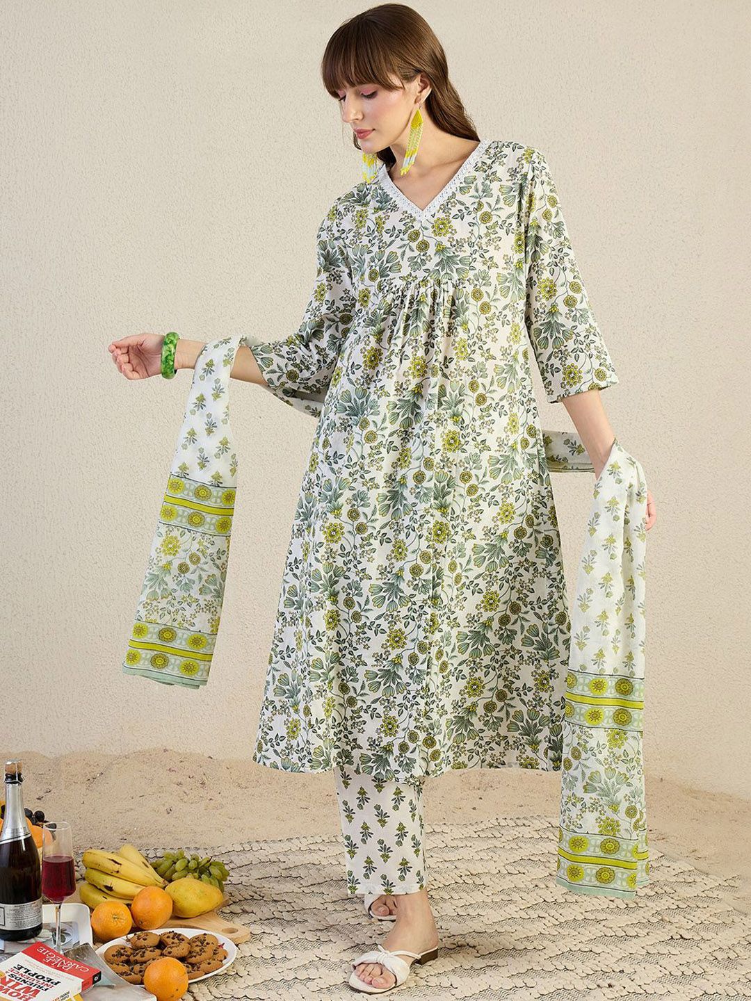 Dhiyona IE Floral Printed V-Neck Pleated Pure Cotton A-Line Kurta & Trousers With Dupatta