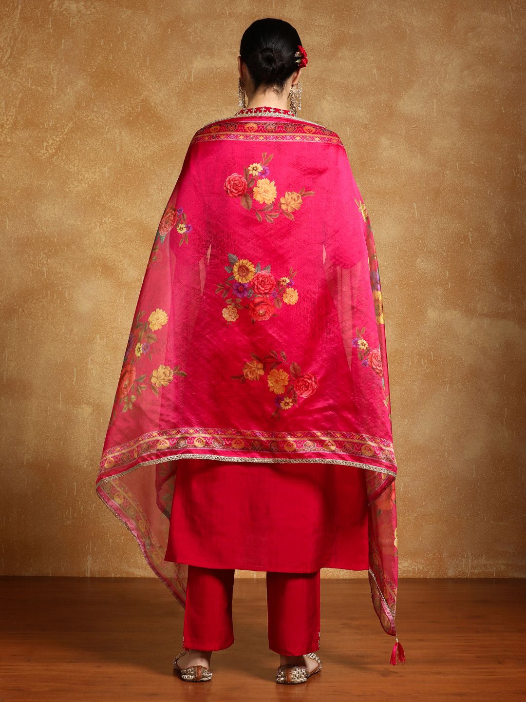 Dhiyona VA Women'sFloral Embroidered Mandarin Collar A-Line Kurta With Trousers & Dupatta