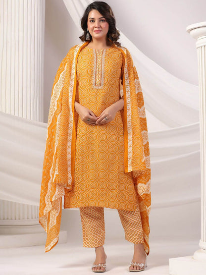 Women Bandhani Printed Regular Mirror Work Kurta Trousers With Dupatta