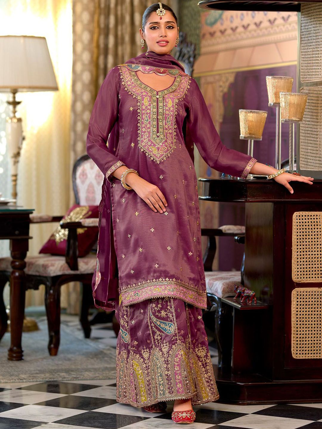 Floral Embroidered Sequinned Straight Kurta With Palazzos & Dupatta
