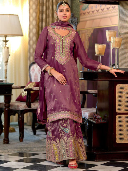 Floral Embroidered Sequinned Straight Kurta With Palazzos & Dupatta