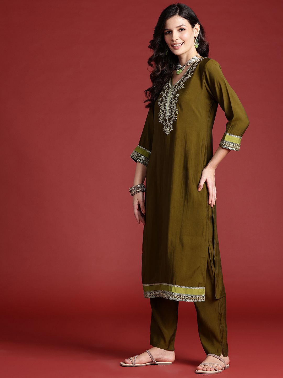 Floral Embroidered Sequinned Kurta With Trousers & Dupatta