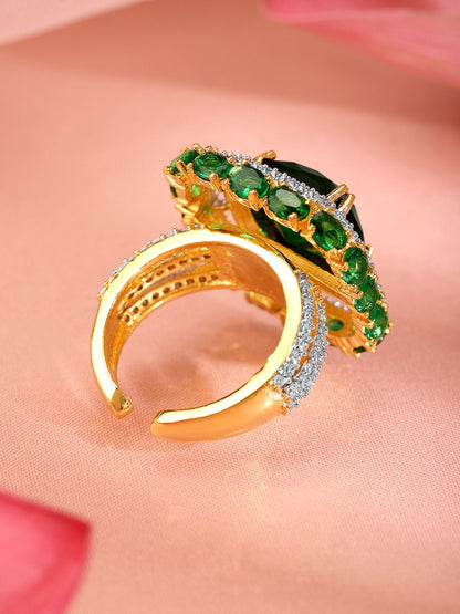 Dhiyona RJ Women's 22K Gold-Plated Emerald Green & Cubic Zirconia Studded Adjustable Finger Ring