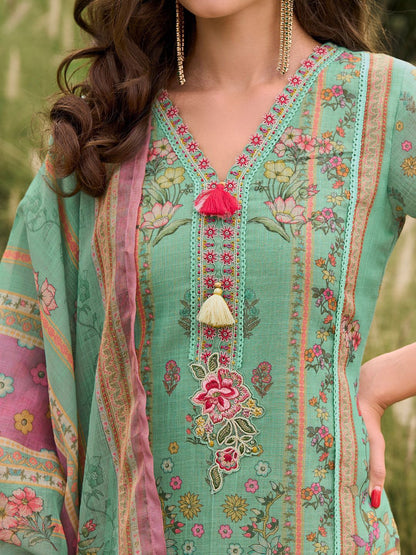 Dhiyona IE Floral Printed Sequinned Linen Kurta With Trousers And Dupatta
