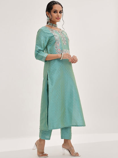 Dhiyona VA Women'sFloral Yoke Design Gotta Patti Kurta & Trousers With Dupatta