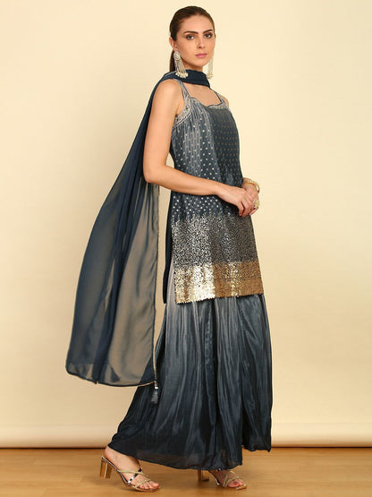 Dhiyona SO Women's Ethnic Motifs Embroidered Thread Work Kurta & Palazzos With Dupatta