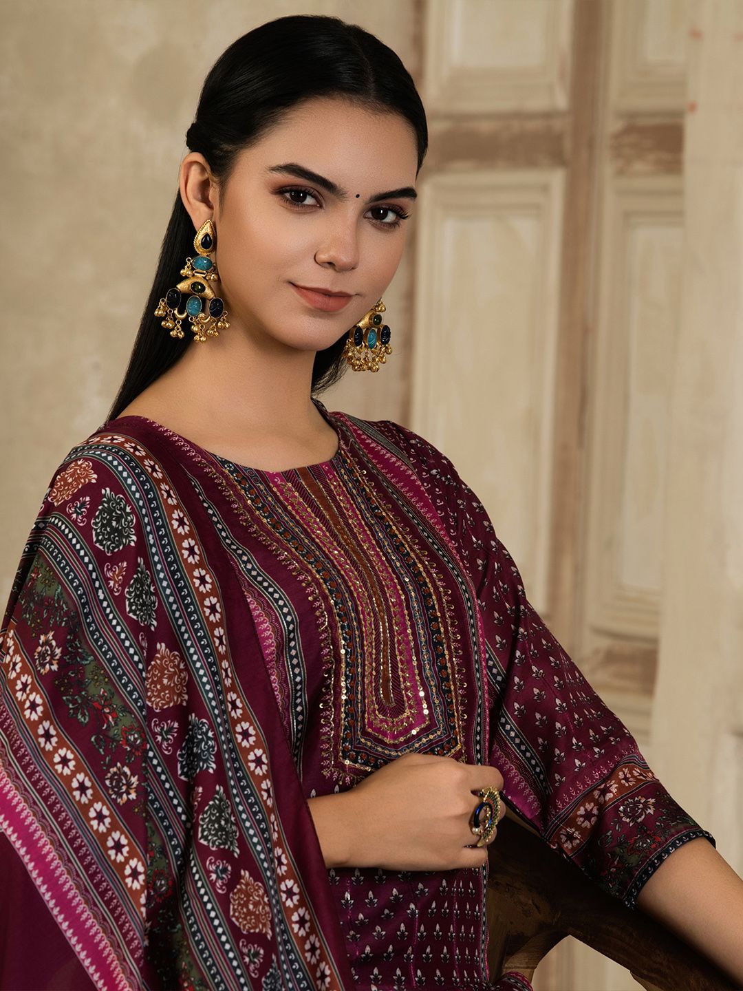 Dhiyona SN Women's Floral Printed Round Neck Silk Blend Straight Kurta With Trousers & Dupatta