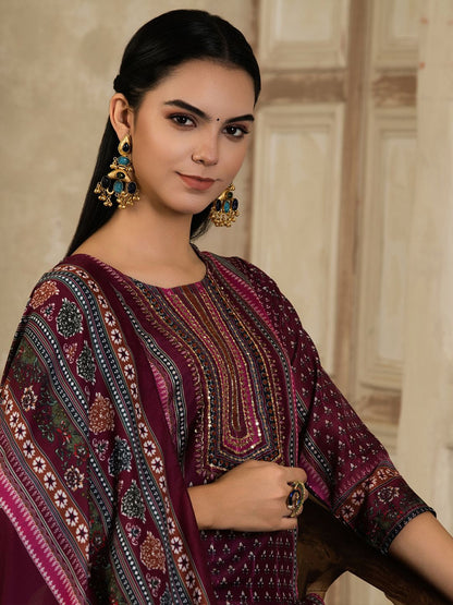 Dhiyona SN Women's Floral Printed Round Neck Silk Blend Straight Kurta With Trousers & Dupatta