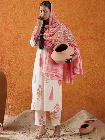 Women Floral Printed Regular Pure Cotton Kurta with Trousers & With Dupatta