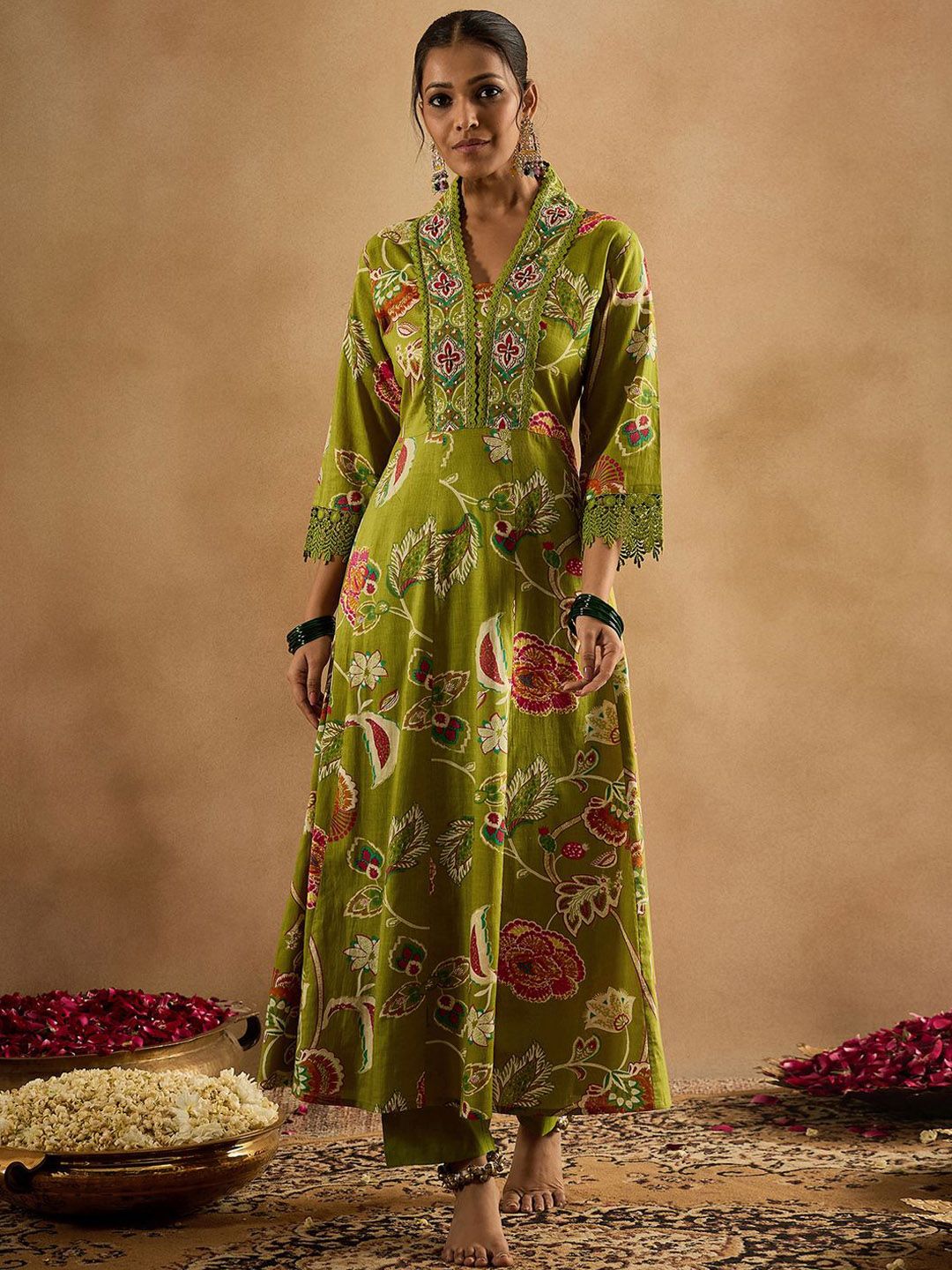 Dhiyona IE Floral Printed Empire Pure Cotton Anarkali Kurta With Trouser & Dupatta