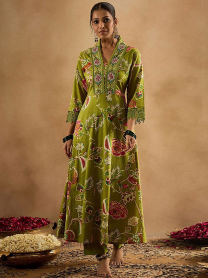 Dhiyona IE Floral Printed Empire Pure Cotton Anarkali Kurta With Trouser & Dupatta