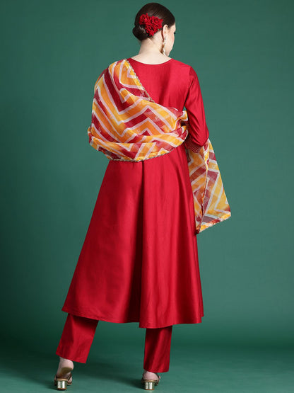 Yoke Design Pleated Sequinned Liva Kurta With Trousers & Dupatta