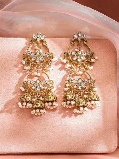 Dhiyona RJ Women's 18K Gold Plated Kundan Beaded Jhumka Earrings