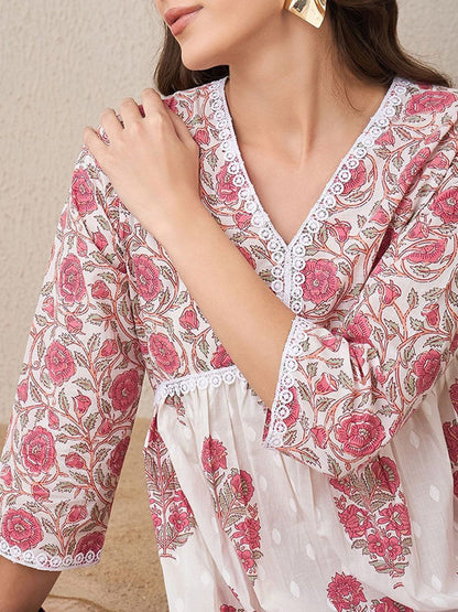 Dhiyona IE Floral Printed V-Neck A-Line Pure Cotton Tunic With Trouser