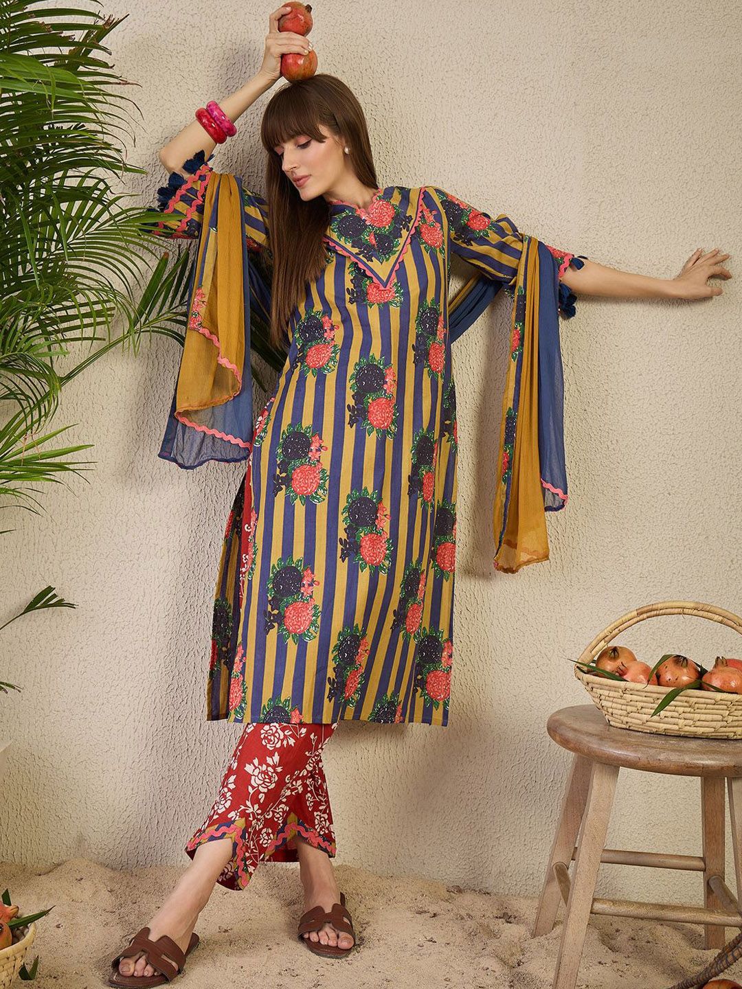 Adults-Women Floral Printed Cotton A-Line Kurta with Trousers & Dupatta