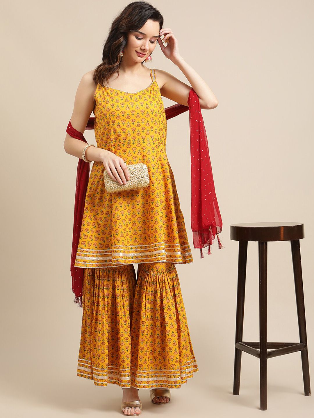 Dhiyona VA Women's Mustard Yellow Ethnic Motifs Empire Gotta Patti Pure Cotton Kurti with Sharara & With Dupatta