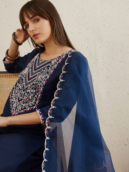 Dhiyona IE Navy Blue Embroidered Yoke Design Aari Work Kurta With Trousers & Dupatta
