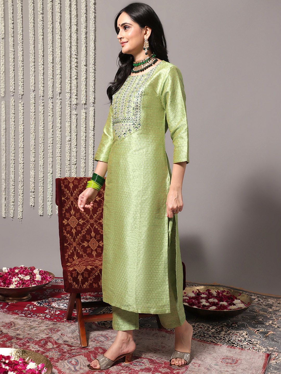 Dhiyona VA Women's Green Ethnic Motifs Gotta Patti Kurta with Trousers & With Dupatta